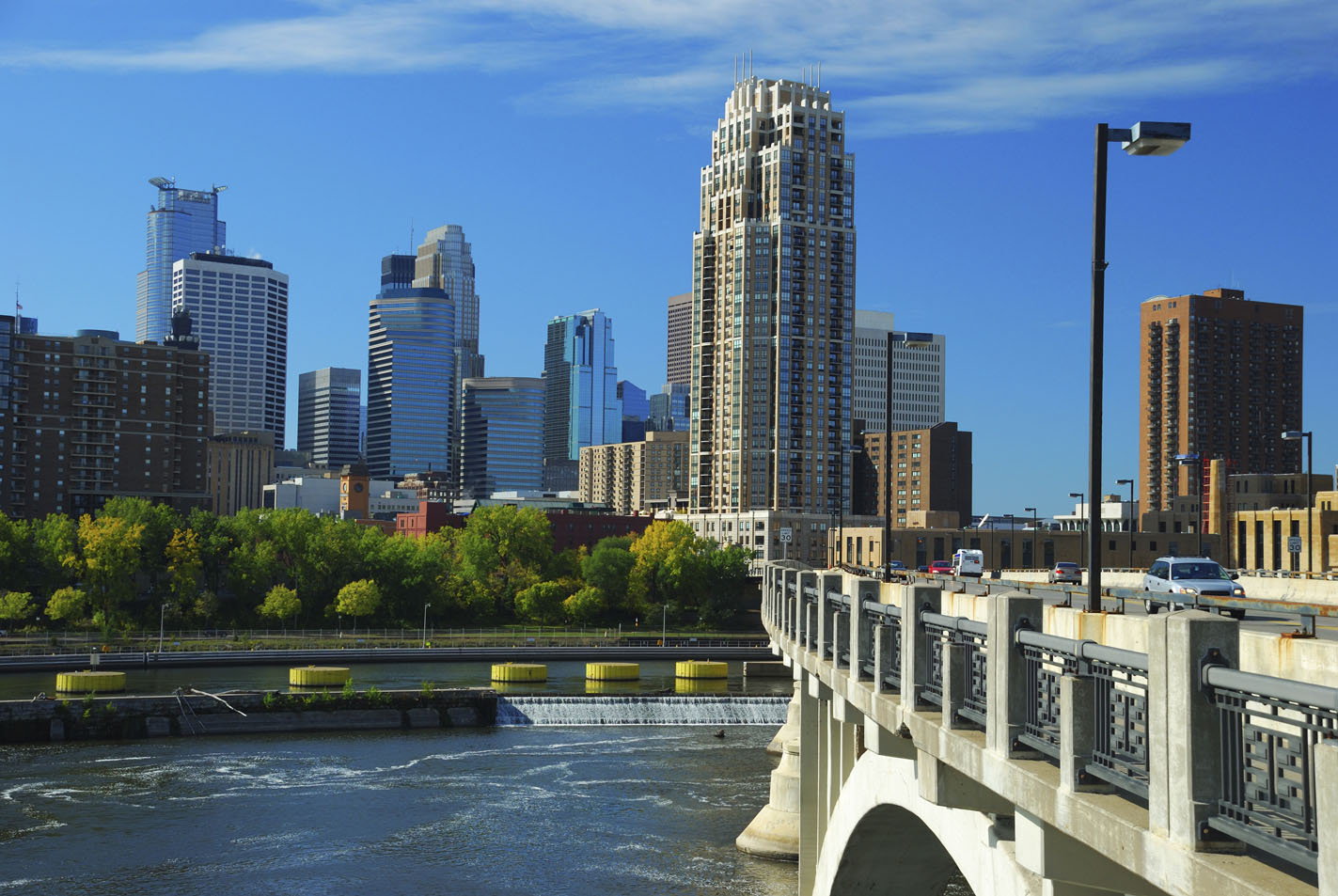 Minneapolis Skyline, Bridge, And Mississippi River